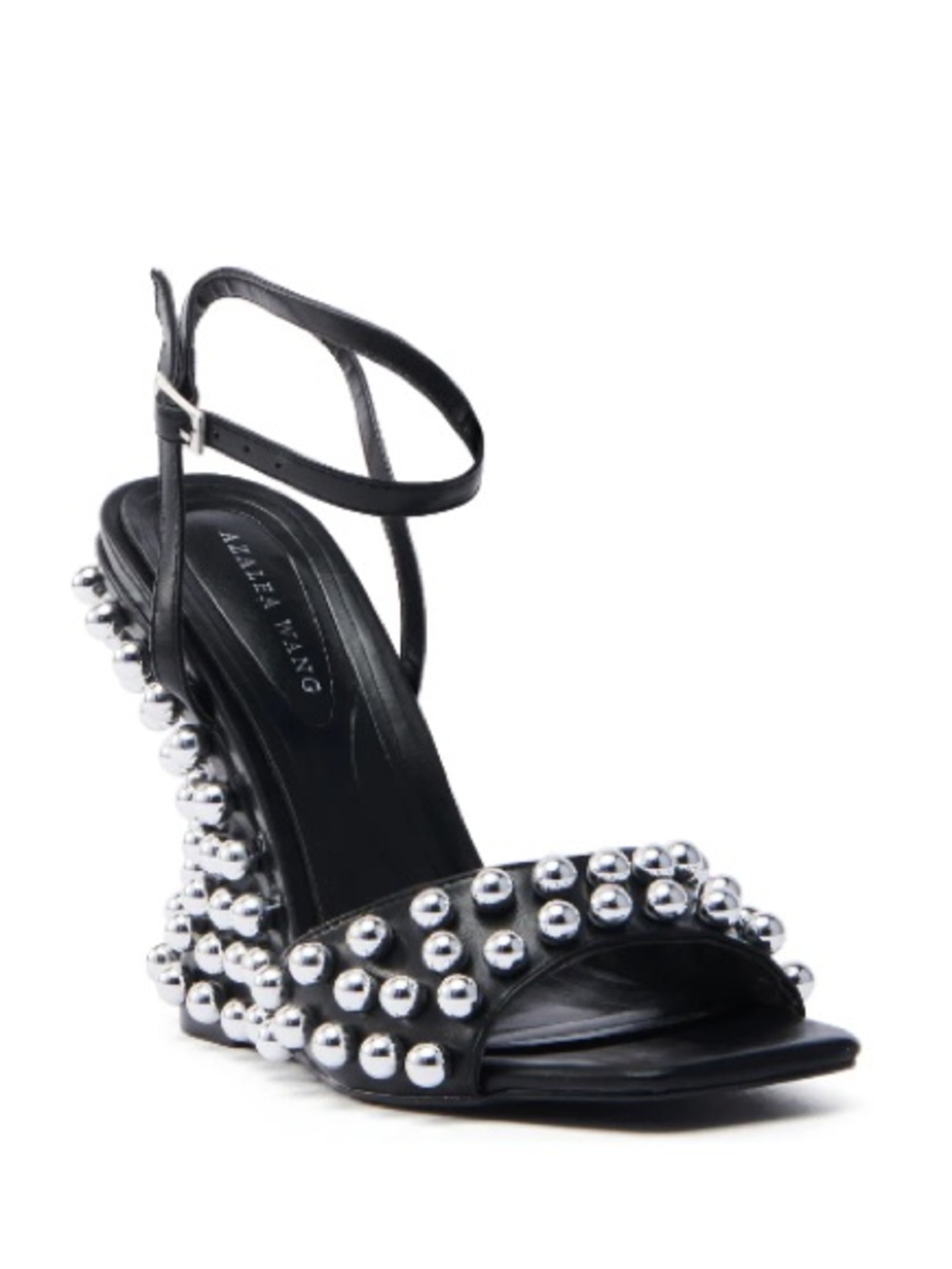 Azalea Wang Black Studded Ankle-Strap Wedge Sandal